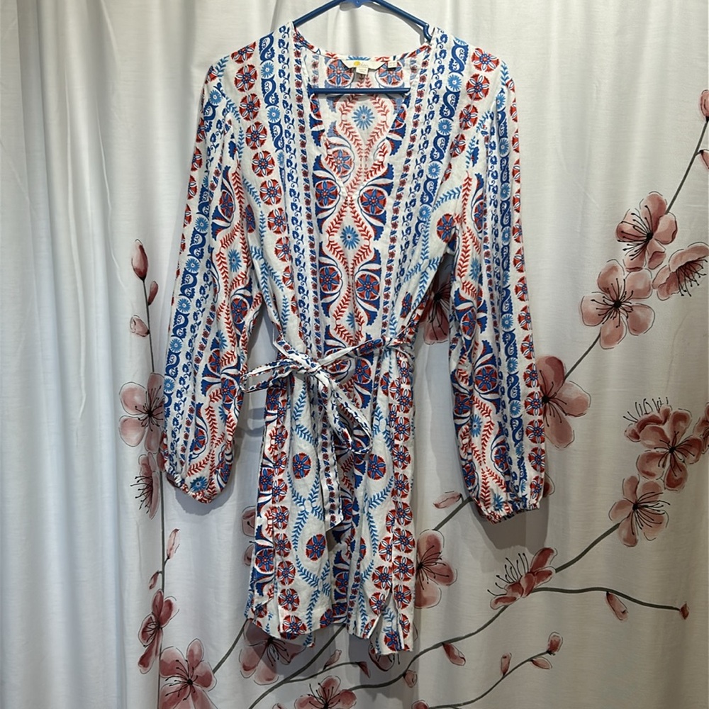 BODEN * Linen Red & Blue Printed Dress * Size 6 Regular